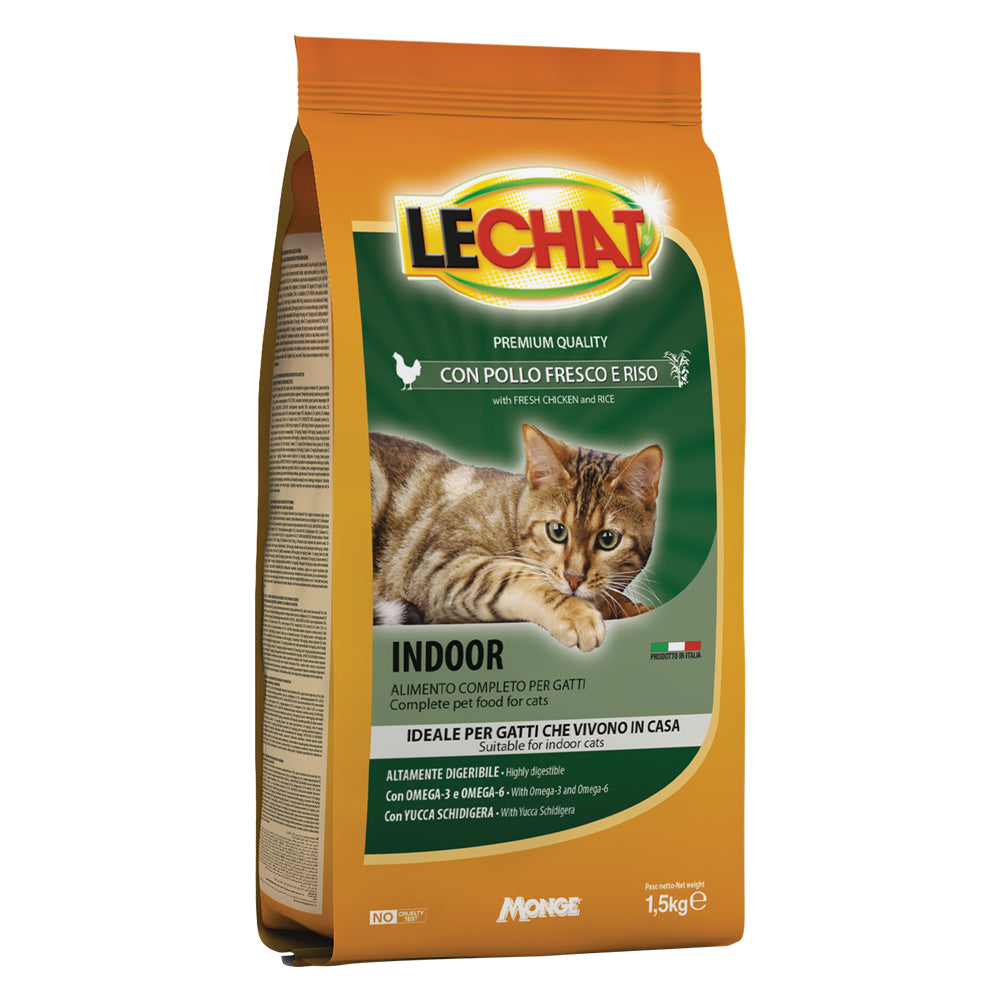 Dry Cat Food 'Lechat Indoor' Chicken and Rice - 1.5 kg Monge | For Professional Zoological Use