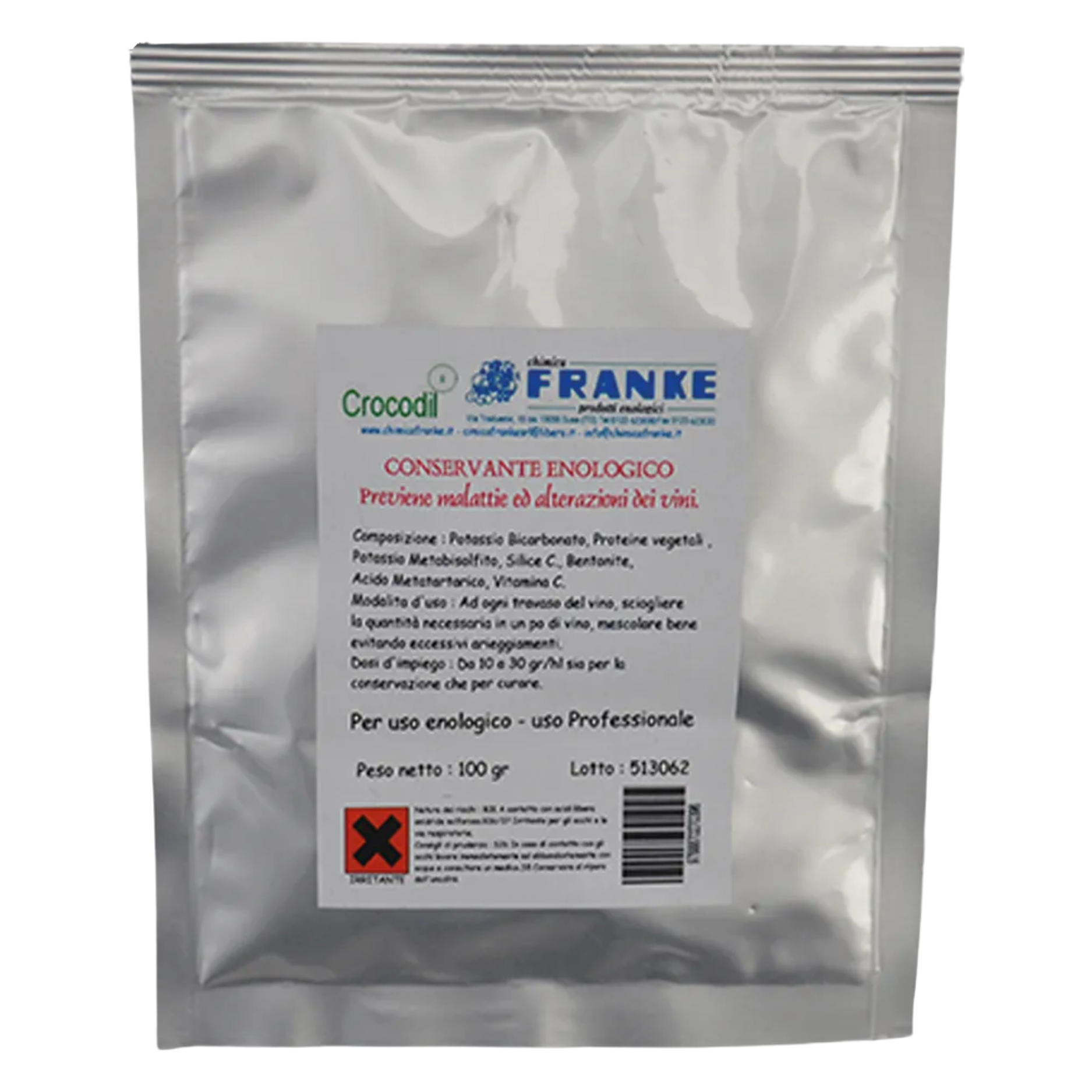 Preparato per conservare e mantenere sani i vini. Prodotto da sciogliere e da mescolare bene, evitando eccessivi arieggiamenti. Dosi d'uso: 10-30 g/hl sia per la conservazione che per la cura del vino.
