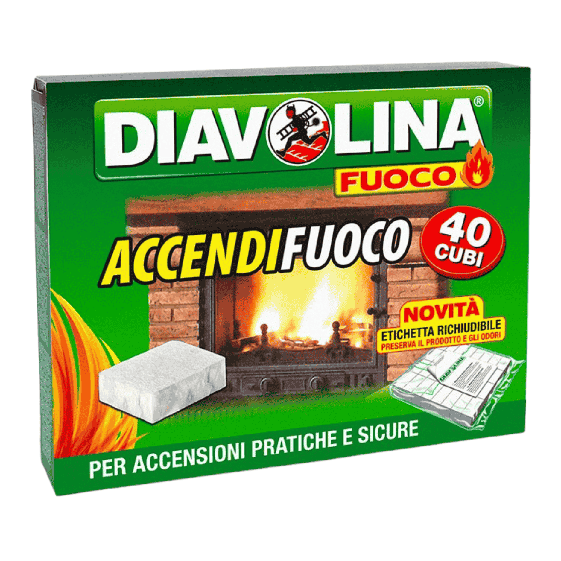 Diavolina Accendifuoco Professionale | 40 Cubi Pronti All’Uso | Apertura Salva Odori | Uso Per Stufe E Camini