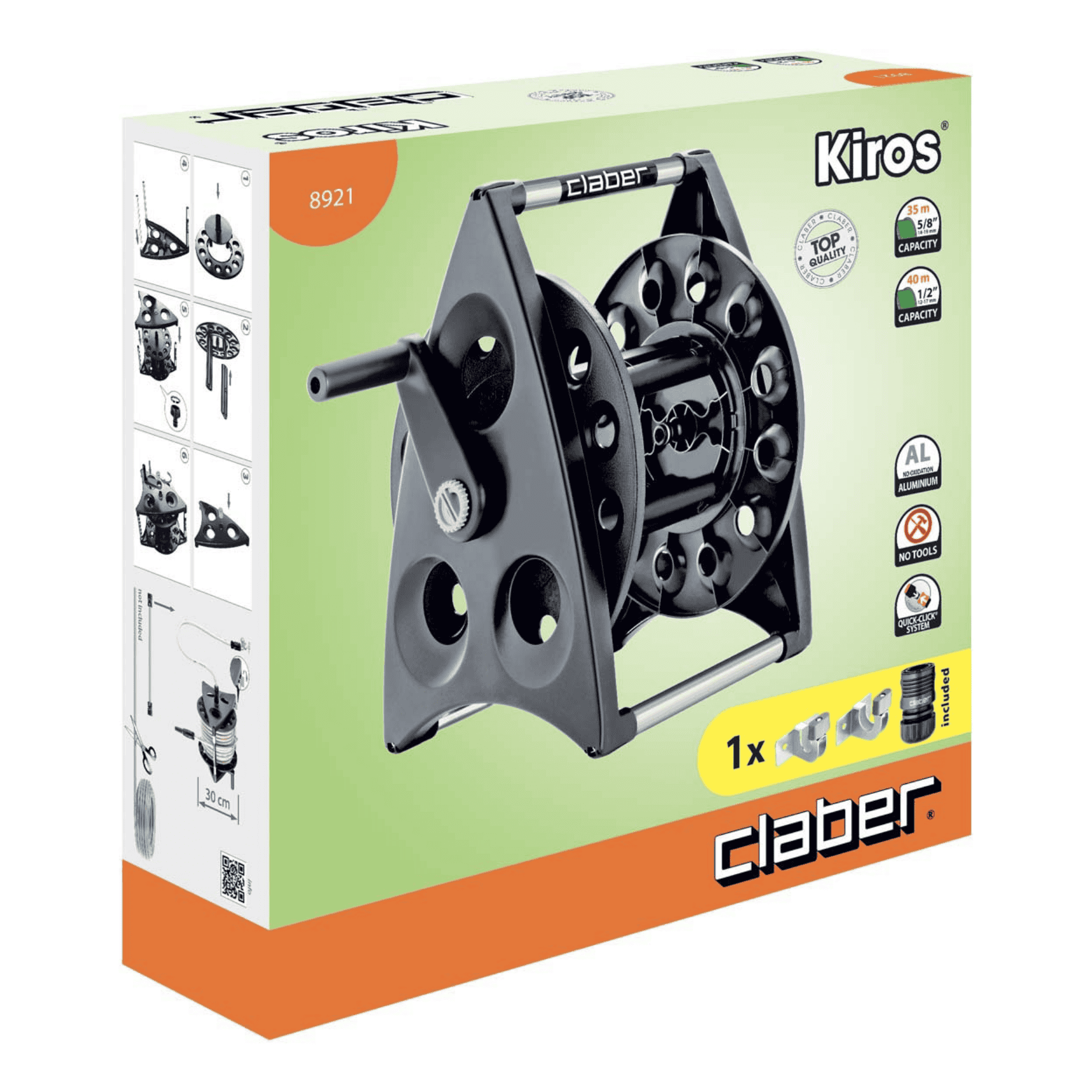 Avvolgitubo Da Parete Claber Kiros 8921 | Kit Completo Con Staffe E Raccordo Automatico 40mt