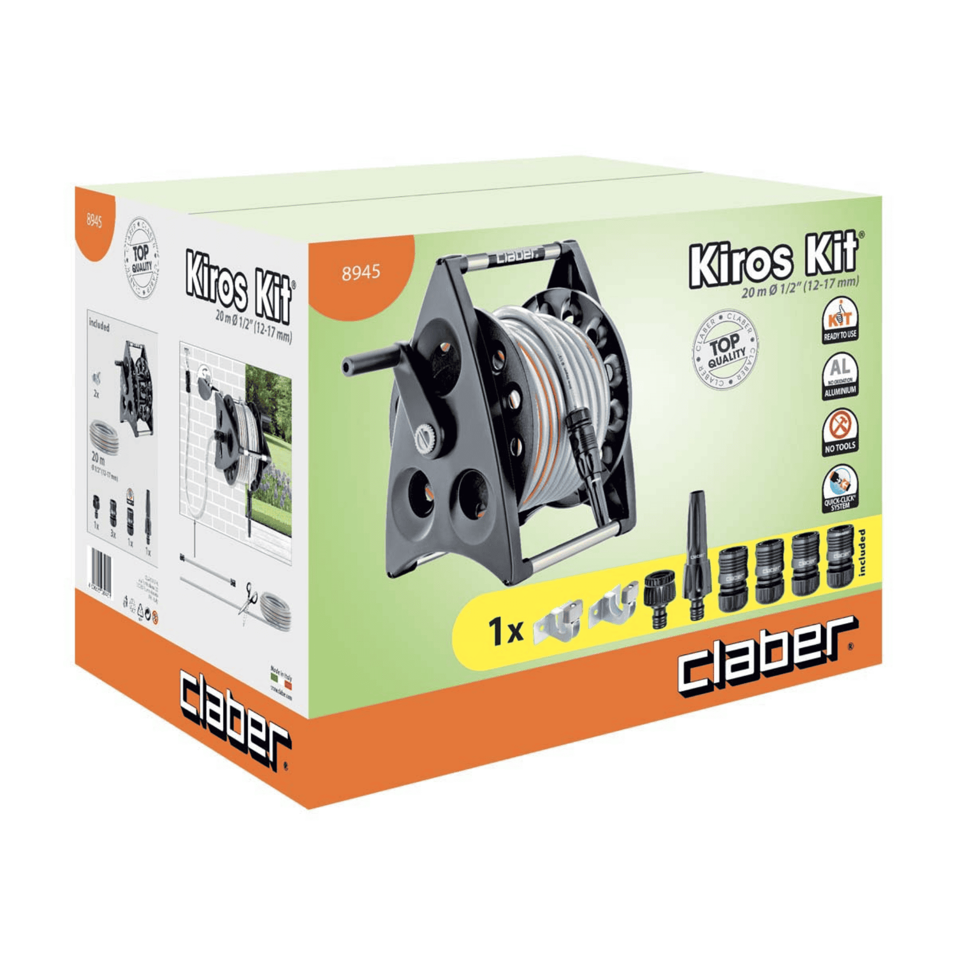 Avvolgitubo Claber Kiros Con Accessori 8945 | Struttura In Alluminio | Tubo Retinato 20 Mt Con Lancia