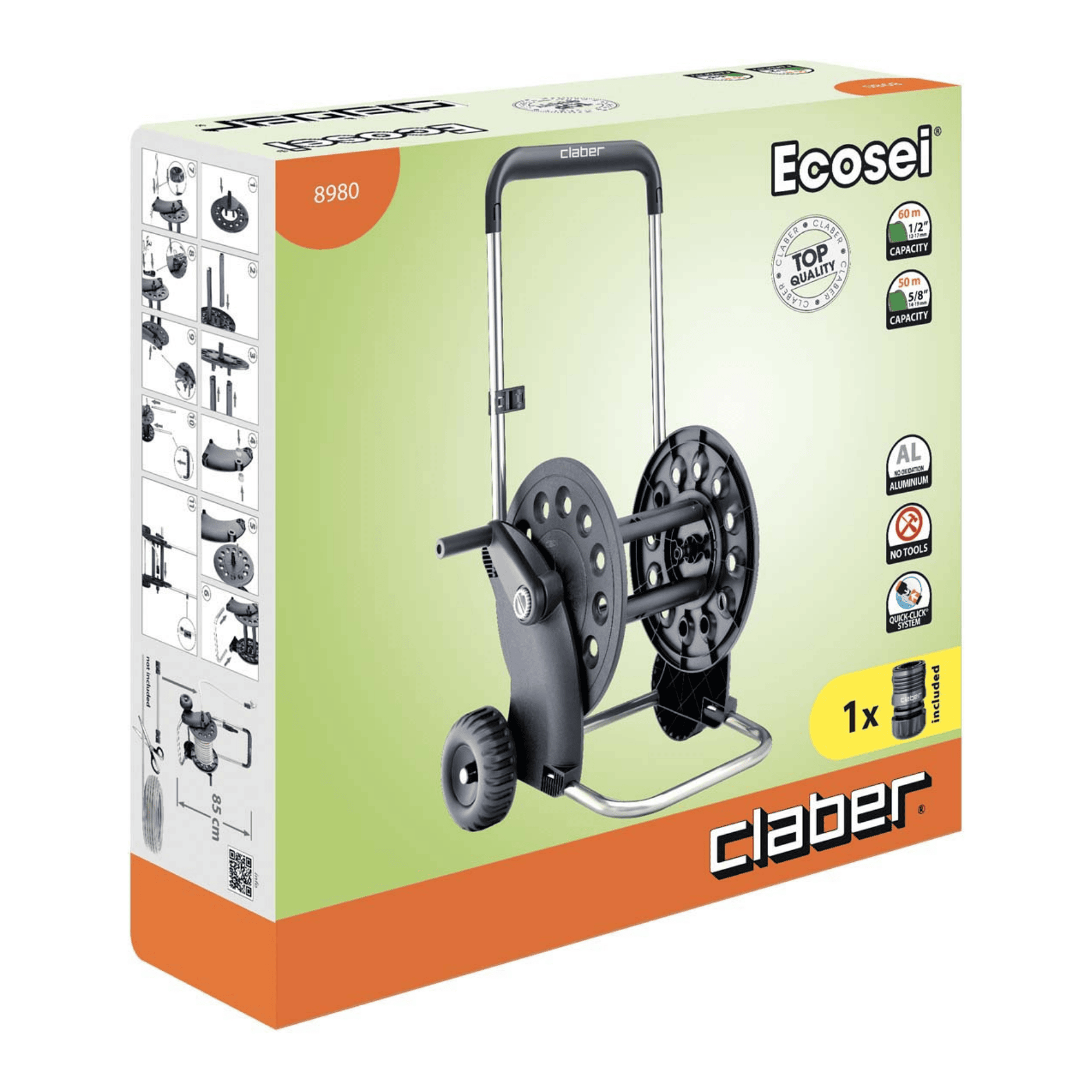 Avvolgitubo Professionale Claber Ecosei 8980 | Struttura In Alluminio Tubolare | Capacità Fino A 60 Mt