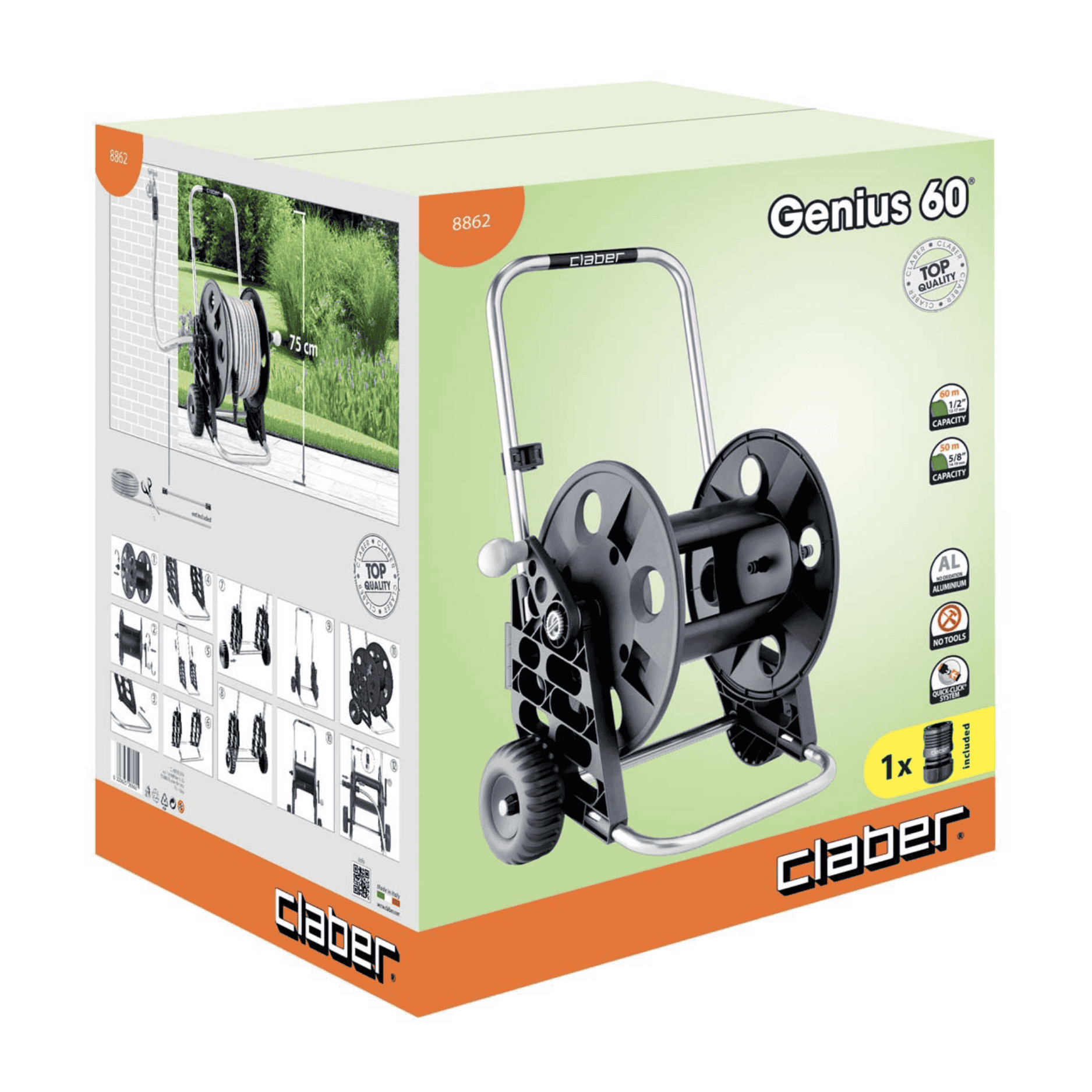 Avvolgitubo Claber Genius 60 8862 | Struttura Tubolare In Alluminio | Capacità 70 Metri Tubo 1/2"