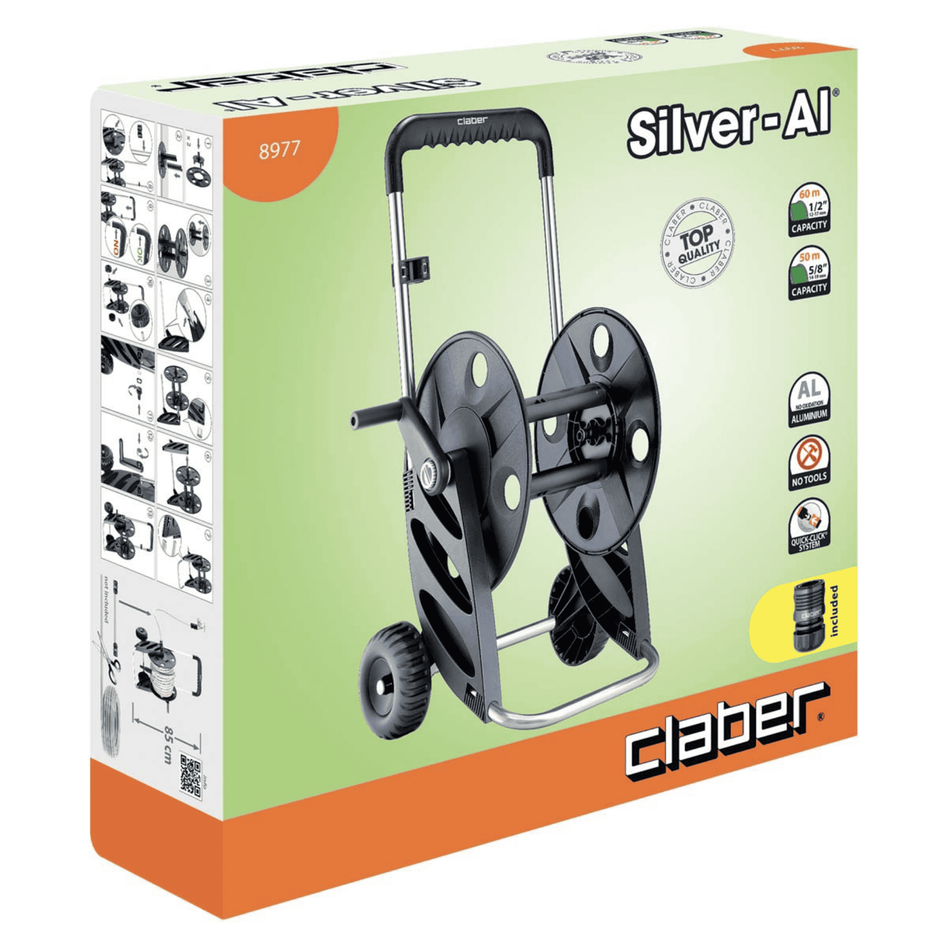 Avvolgitubo Professionale Claber Silveral 8977 | Struttura In Alluminio Tubolare | Capacità 70 Metri 1/2"