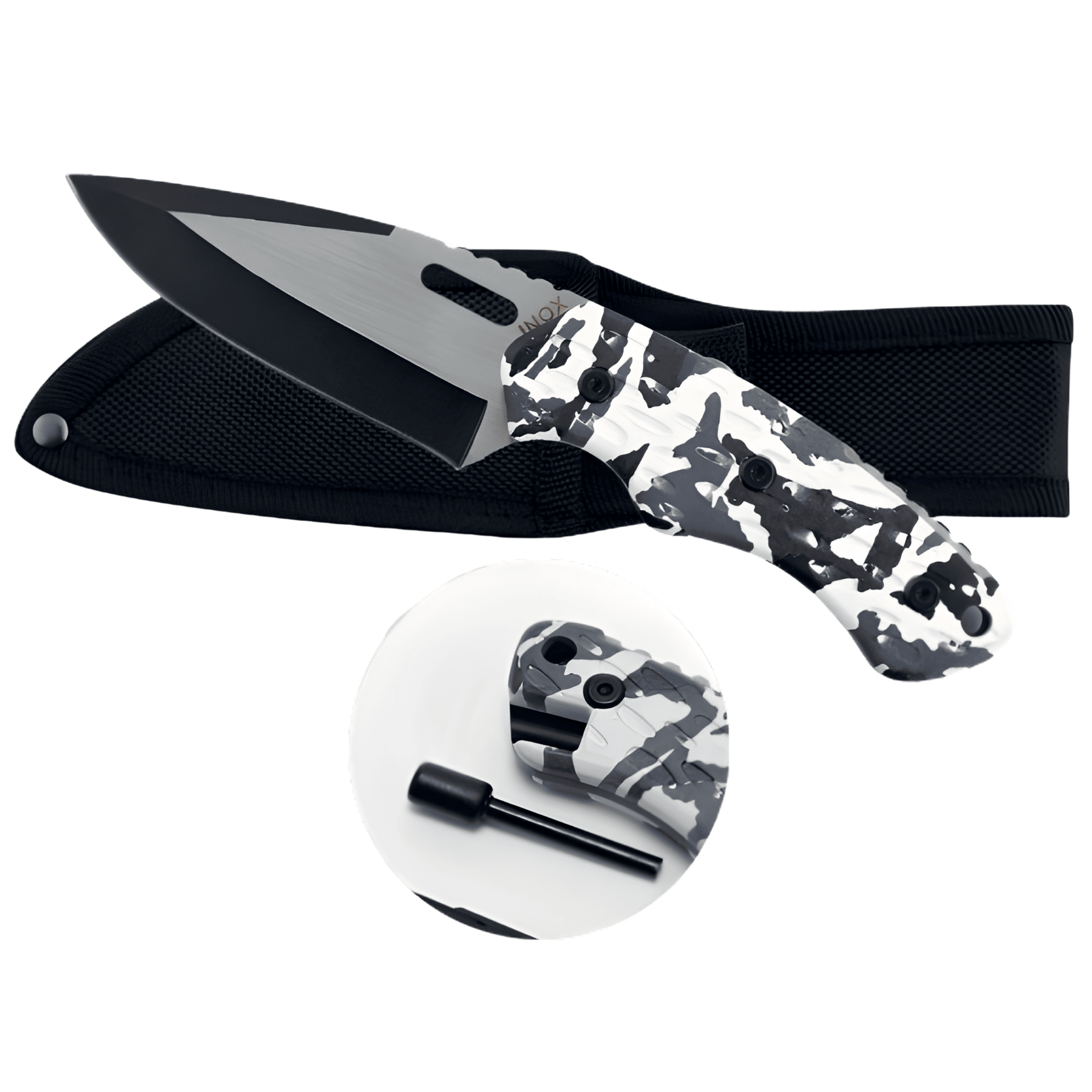 Lama in acciaio inox. Manico in plastica. Completo di pietra focaia e fodero in tessuto.