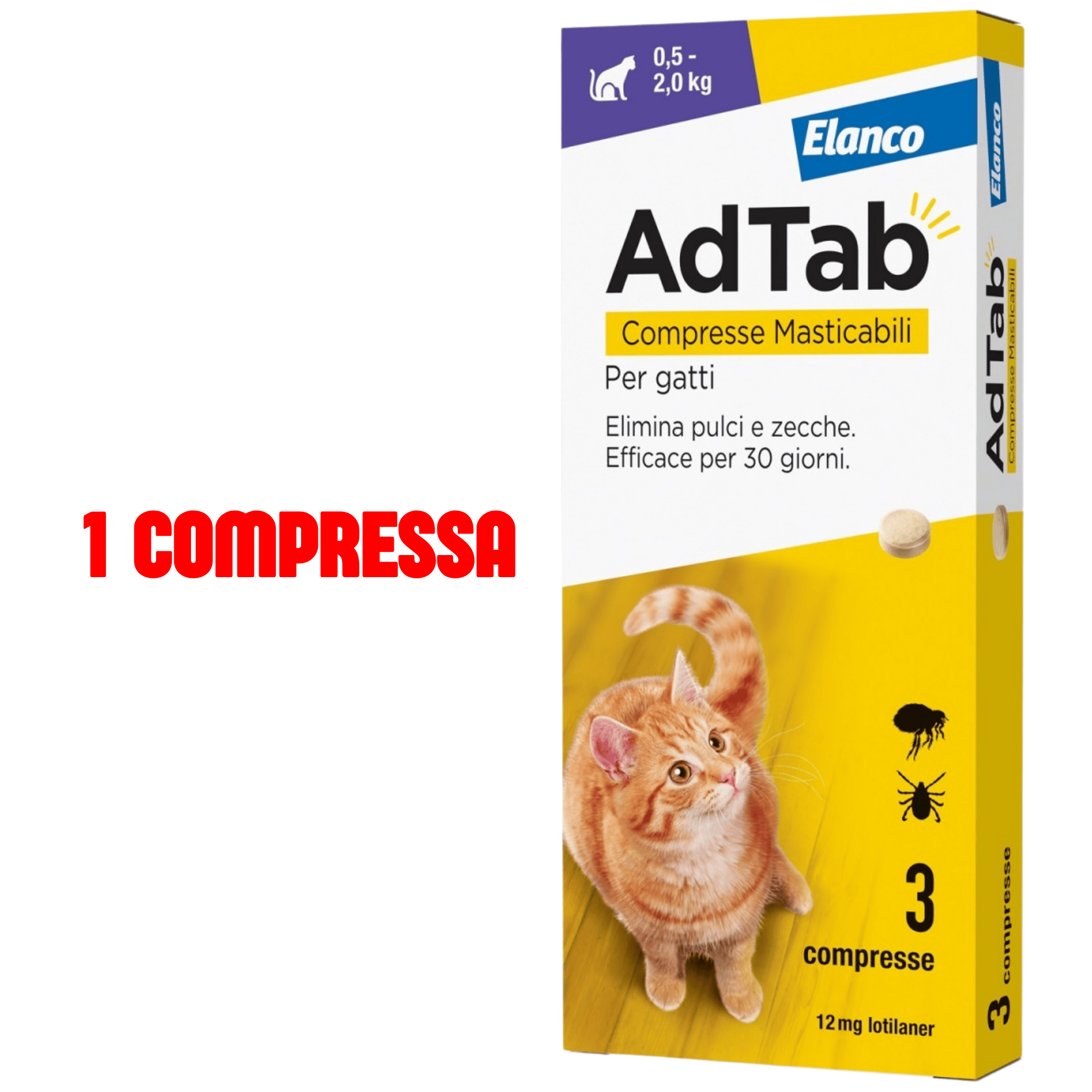 Compresse Antiparassitarie Elanco Adtab Per Cani 0.5-2kg | Protezione Mensile Contro Pulci E Zecche | Formula Masticabile Aromatizzata