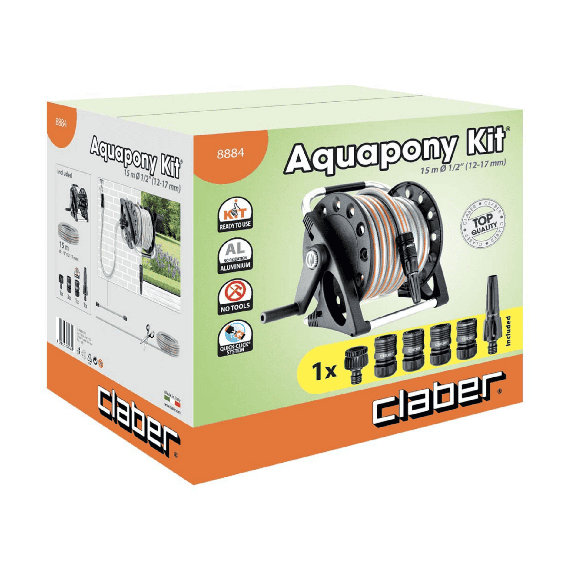 Avvolgitubo Claber Aquapony 8884 Con Tubo Retinato 15 Mt | Lancia Ergonomica | Raccordi E Presa Inclusi