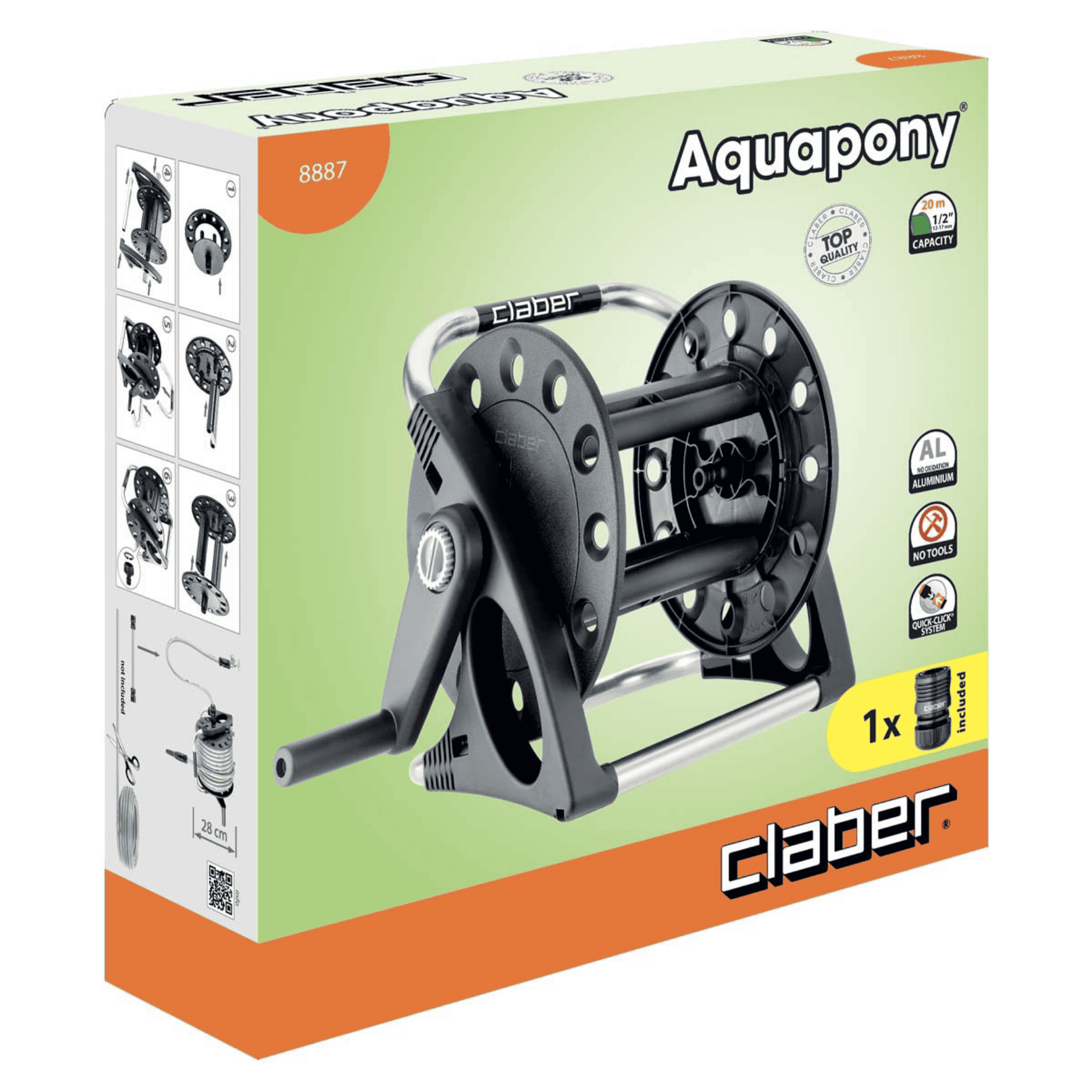 Avvolgitubo Claber Aquapony 8887 | Kit Completo Con Raccordi | Capacità 20 Metri Tubi Da 1/2"