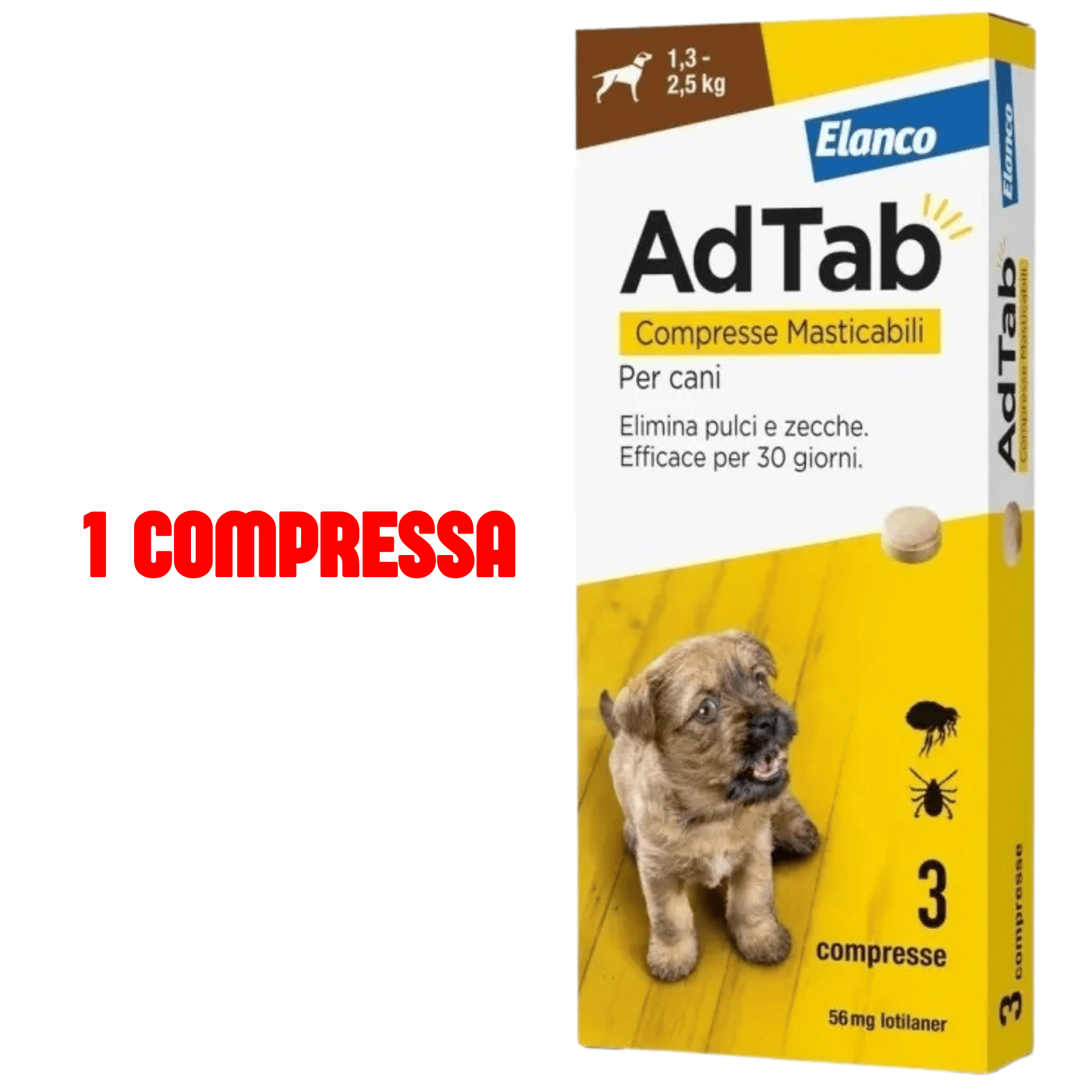 Compresse Antiparassitarie Elanco AdTab Per Cani 1,3 – 2,5 kg | Protezione Completa Da Pulci E Zecche