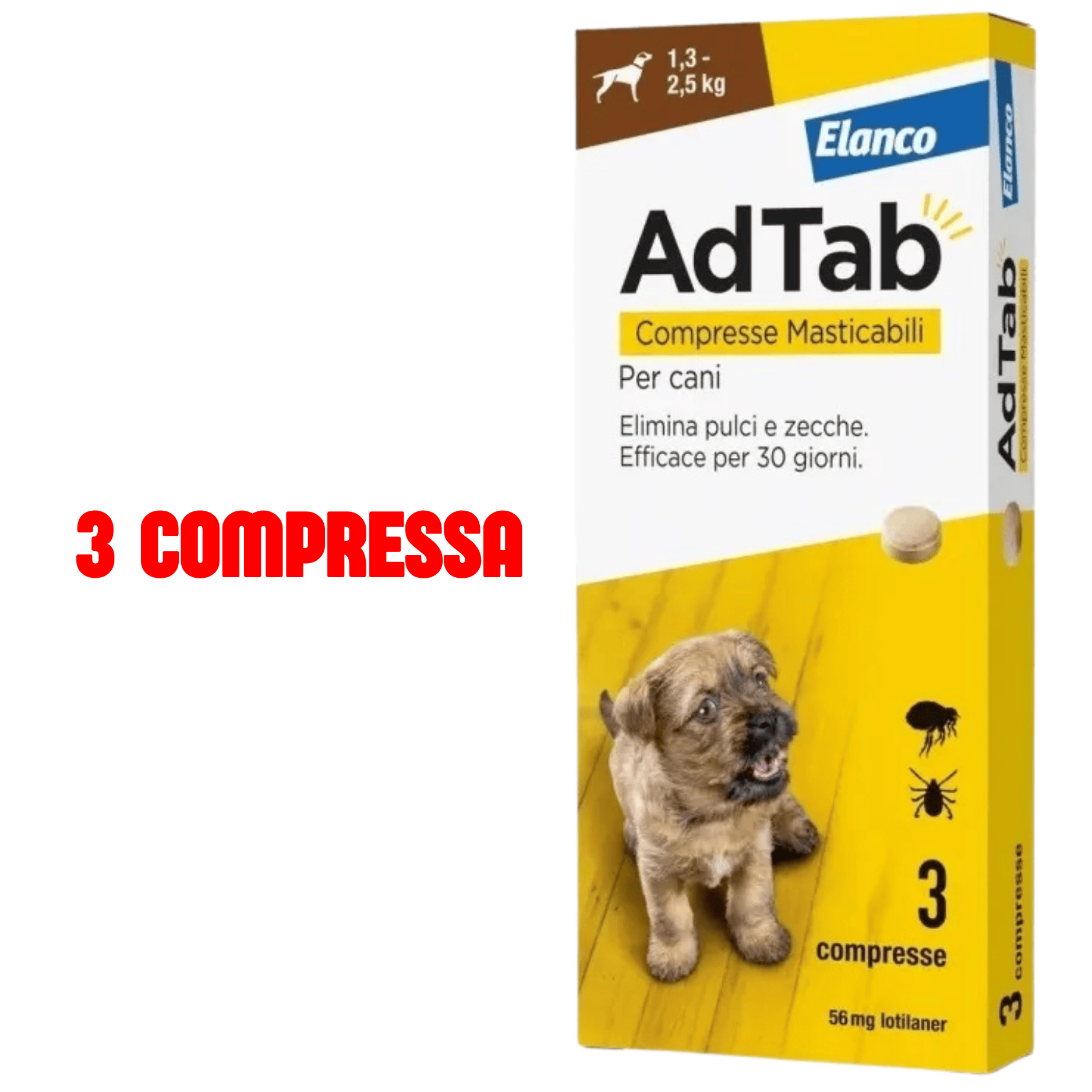 Compresse Antiparassitarie Elanco AdTab Per Cani 1,3 – 2,5 kg | Protezione Completa Da Pulci E Zecche