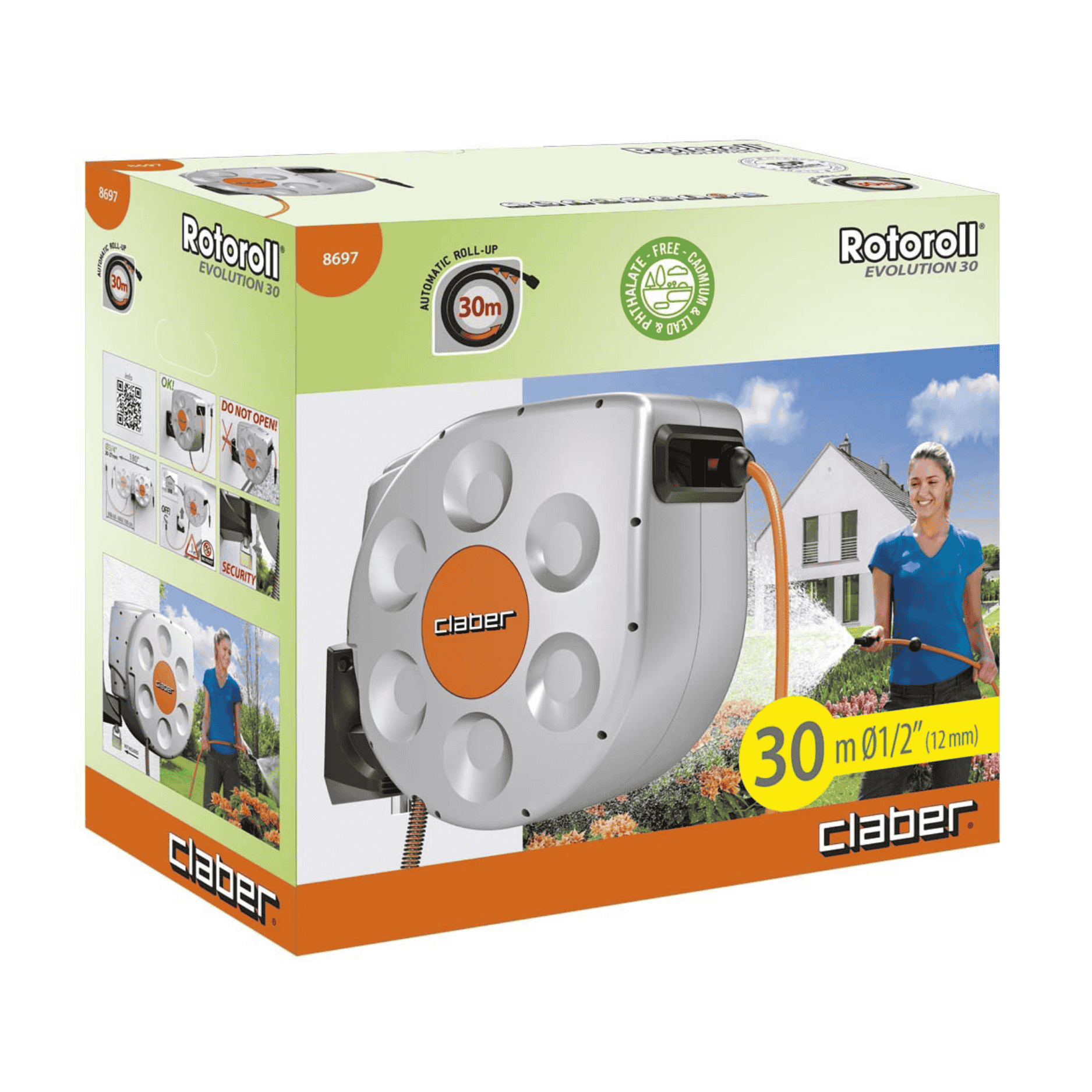Avvolgitubo Claber Rotoroll Evolution Con Riavvolgimento Automatico | Staffa Orientabile | Tubo 20-30 Mt