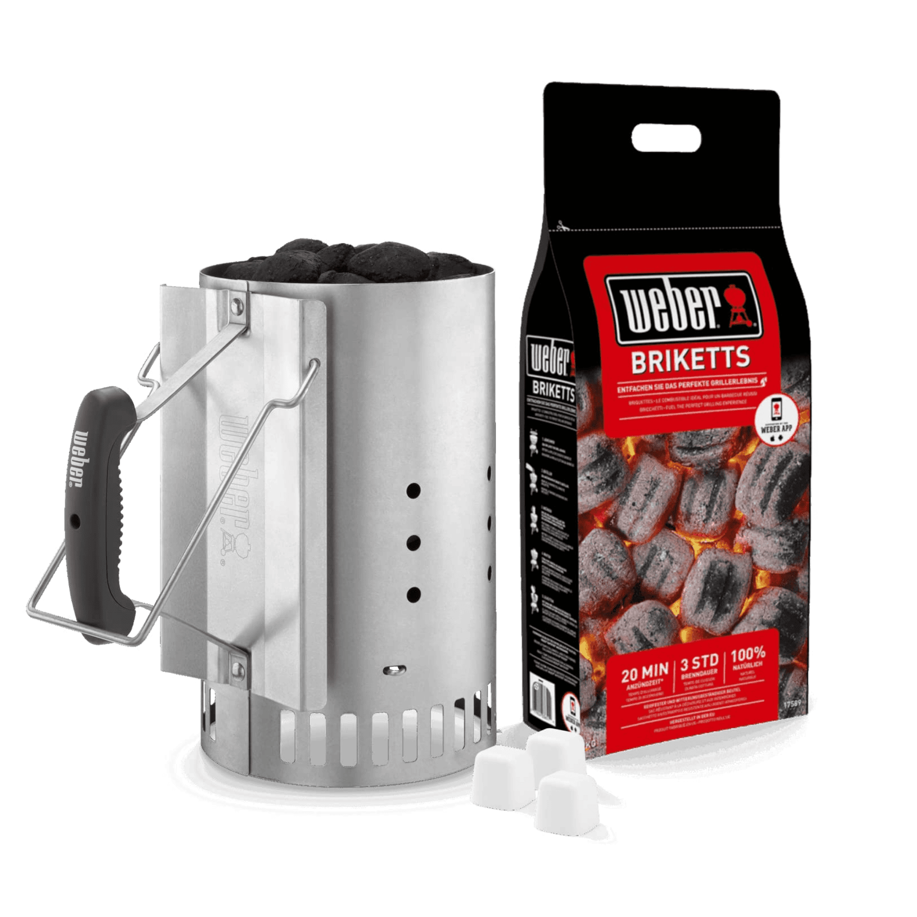 Set Accensione Barbecue Weber | Ciminiera Acciaio Ø19x30 Cm | Bricchetti Carbone | Accendifuoco