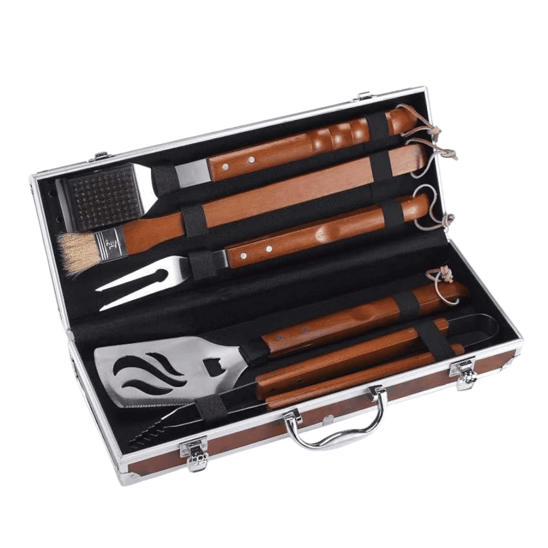 Set Per Barbecue Ompagrill | Acciaio Inox | Manico In Legno Massello | Valigetta In Radica